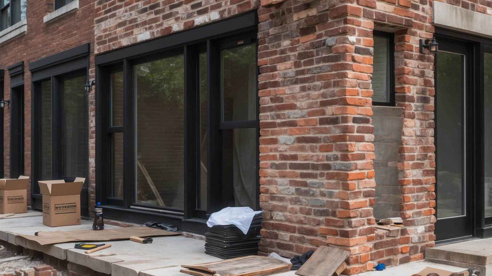 Professional mason inspecting damaged brick chimney to determine repair or replacement options