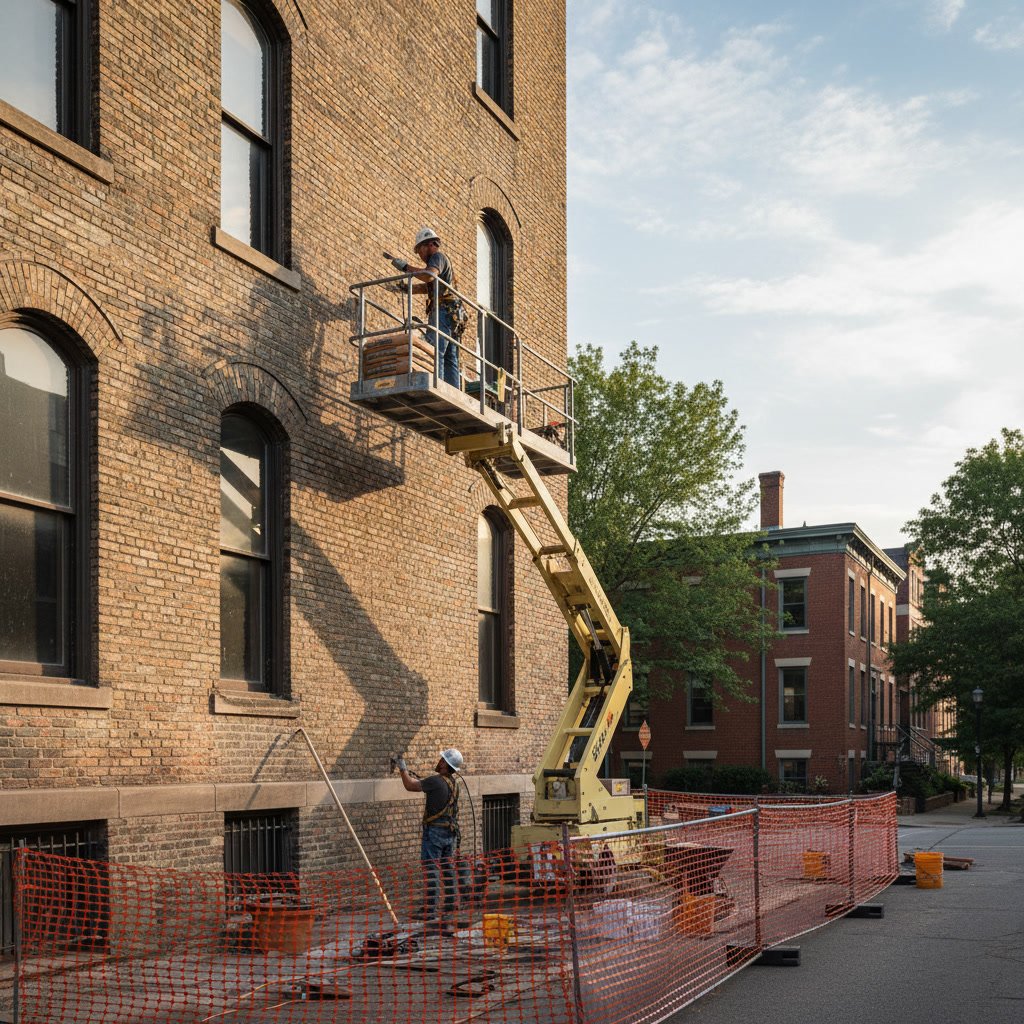 Brick restoration work being performed on a Manchester MO home exterior