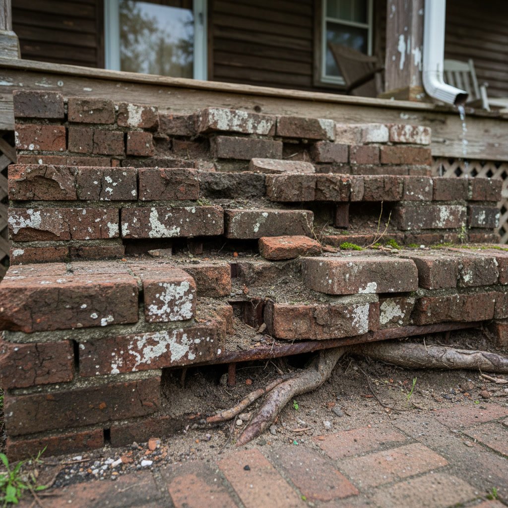 Crumbling brick steps showing deteriorated mortar joints and loose bricks in Ballwin home