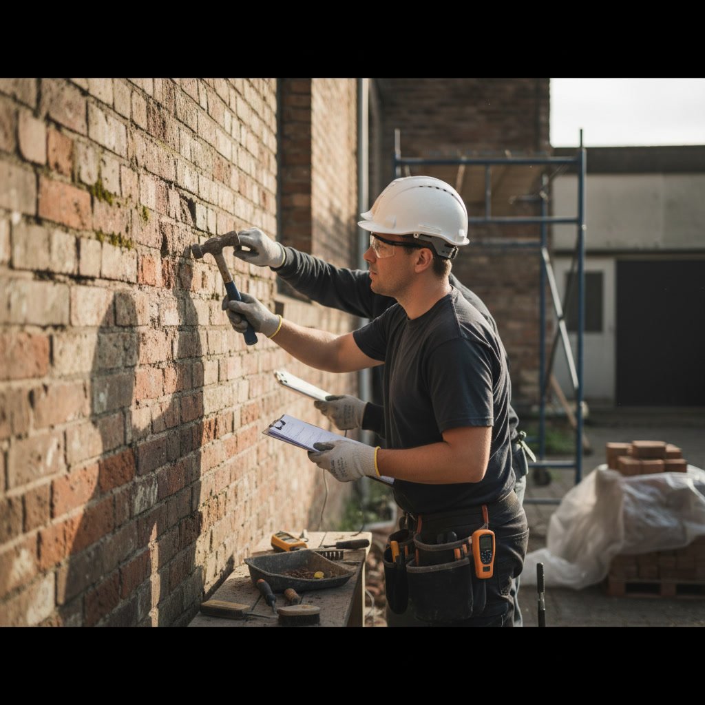 Mason inspecting damaged brick mortar joints during restoration assessment
