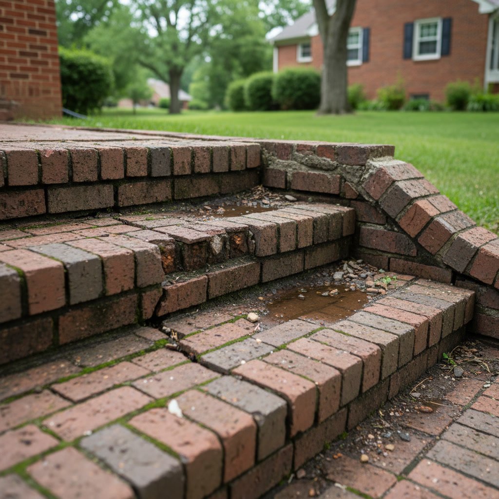 Separated brick steps pulling away from house foundation showing gap and structural damage
