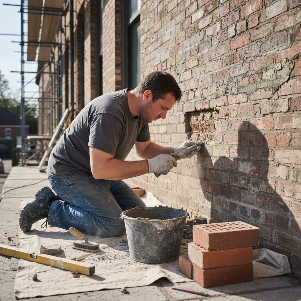 Brick replacement during restoration work on residential home exterior