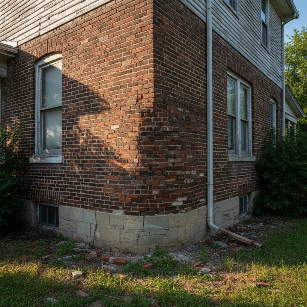 Brick wall showing outward bulge and separation from structure
