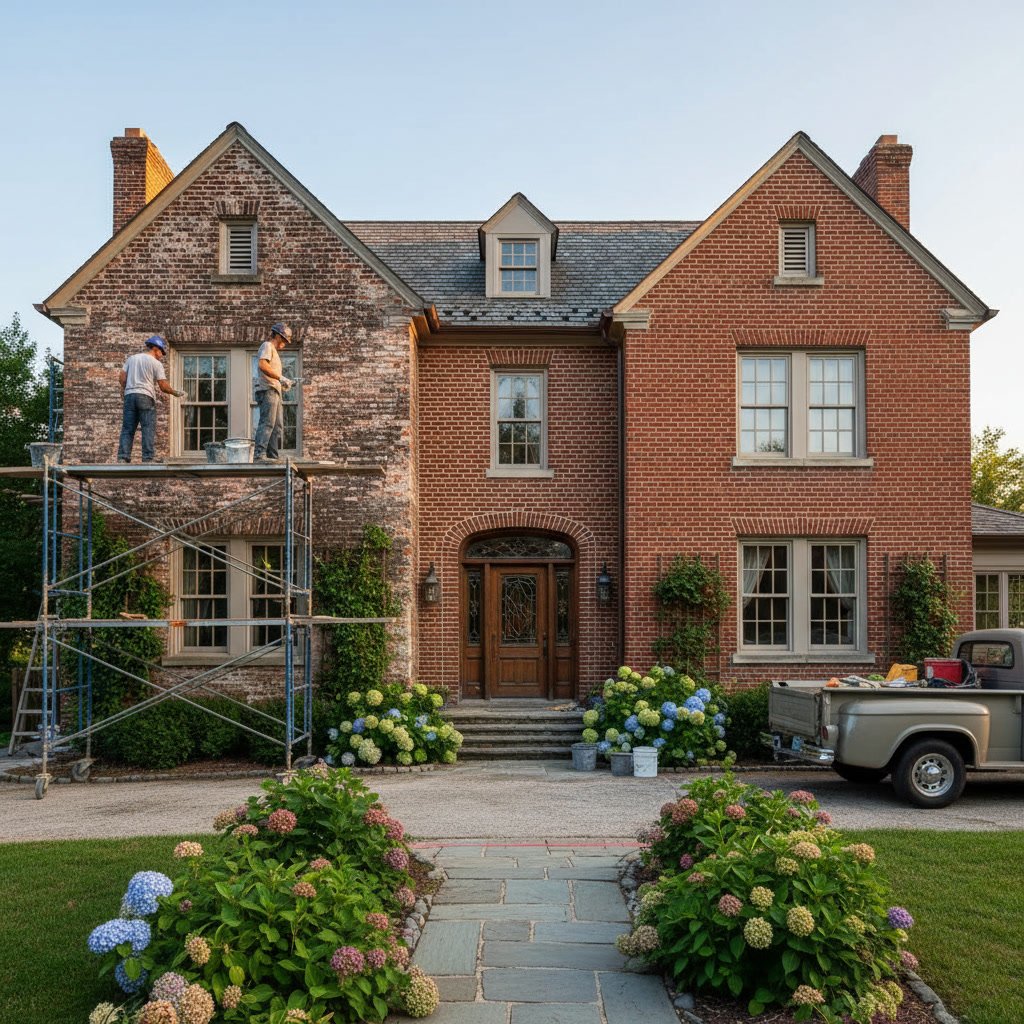 Restored brick home exterior in Manchester Missouri showing refreshed mortar and clean brickwork