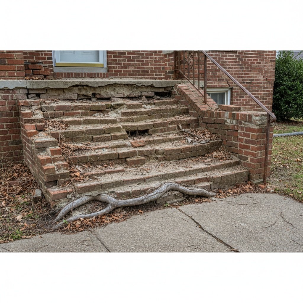 Professional mason repairing crumbling brick steps with new mortar and tuckpointing tools