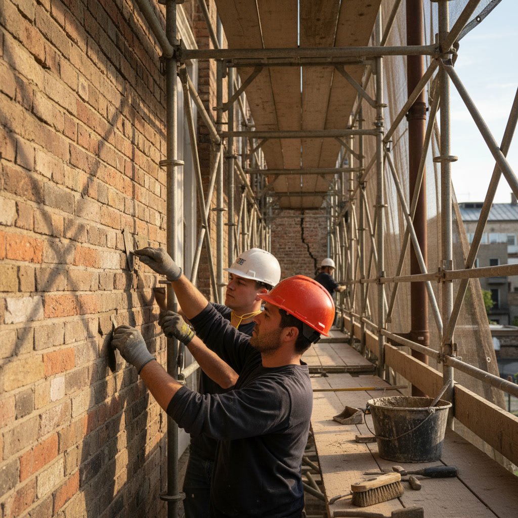 Completed brick restoration showing repointed mortar joints and sealed surface