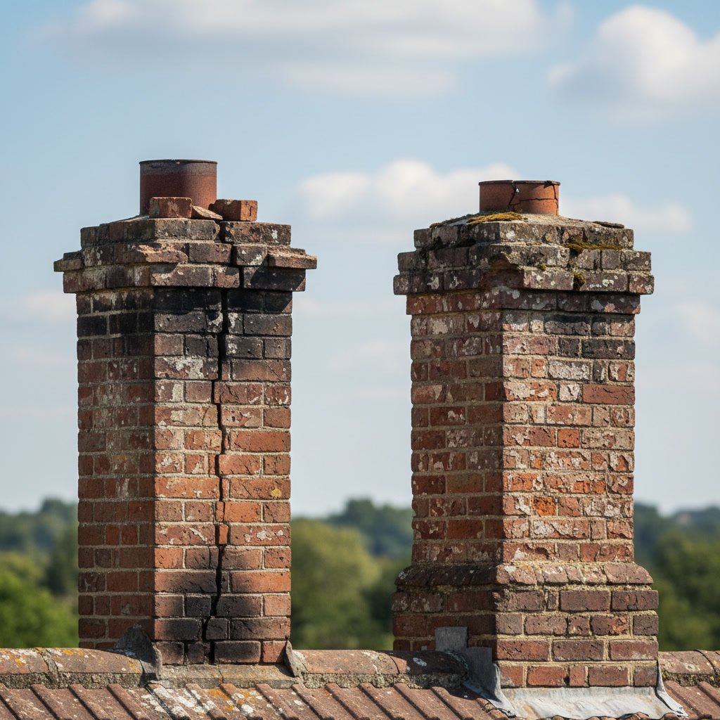 Brick chimney with damaged crown and deteriorating mortar joints