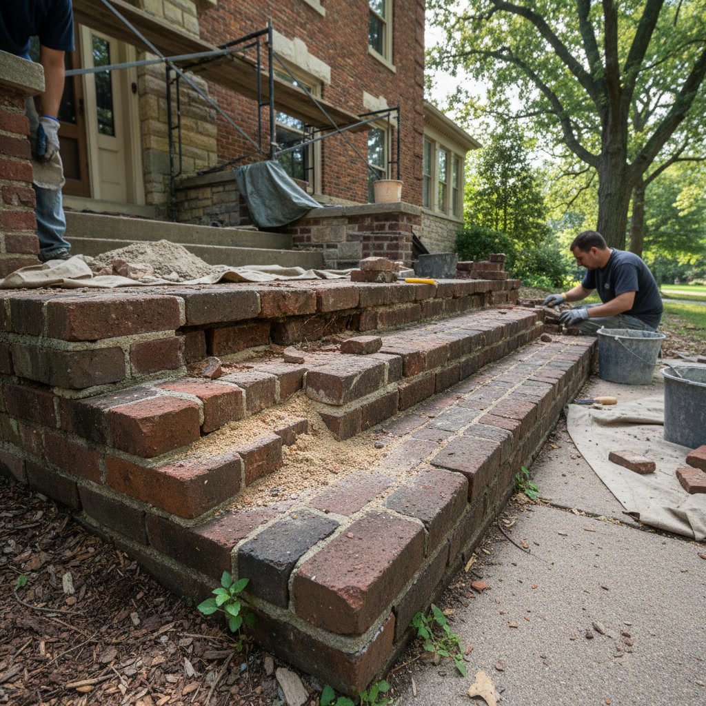 Deteriorating brick steps on Ballwin home showing crumbling mortar and separated bricks