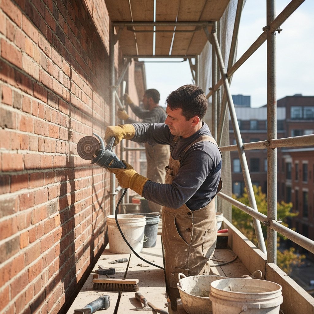 Professional brick restoration work in progress on St. Louis area home