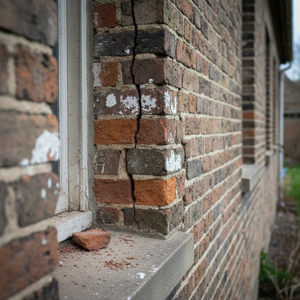 Brick home exterior showing signs of deterioration and mortar damage