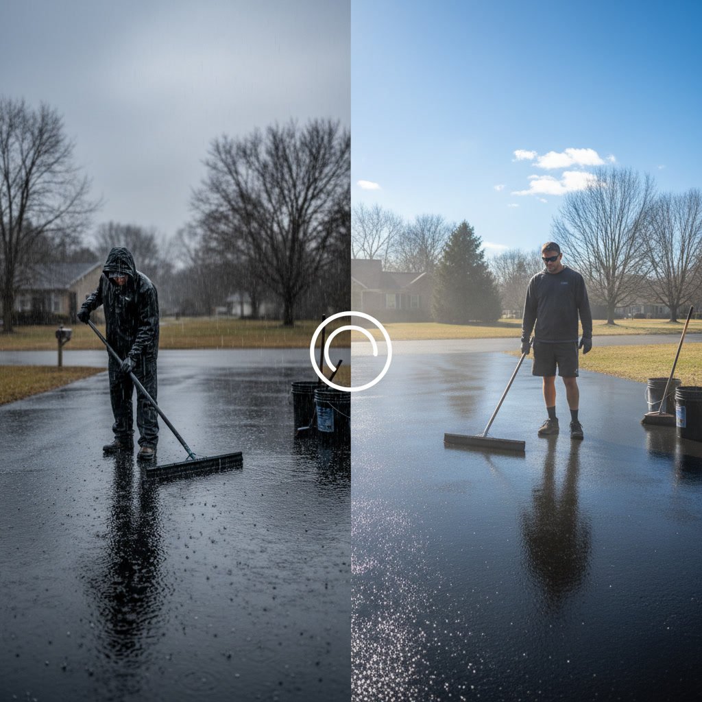 Professional team preparing driveway surface for sealing with pressure washing equipment