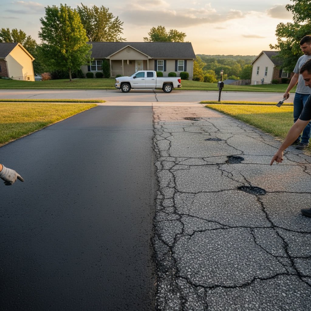 Asphalt driveway with visible cracks and fading showing signs that sealing is needed