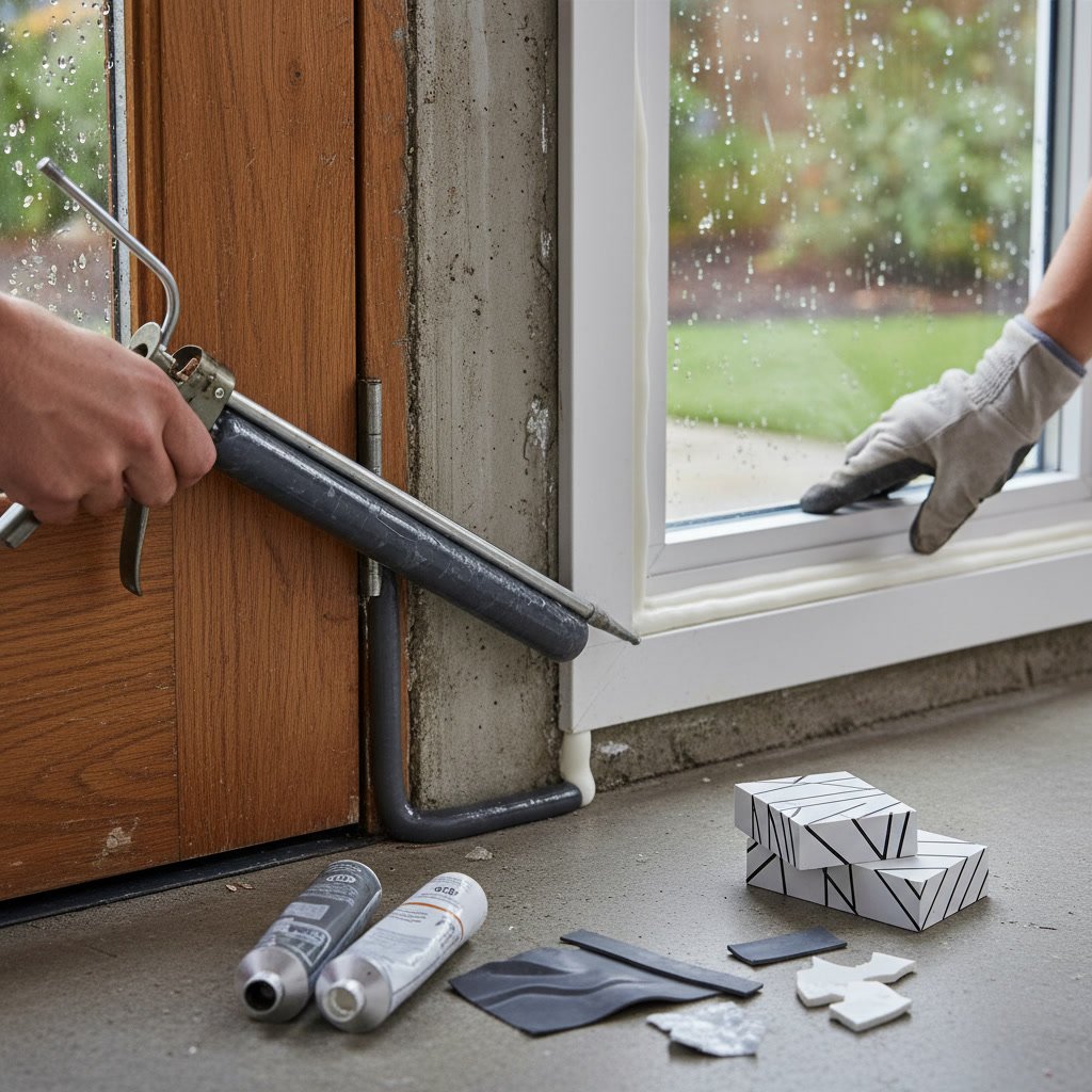 Window caulking application showing flexible sealant around vinyl window frame