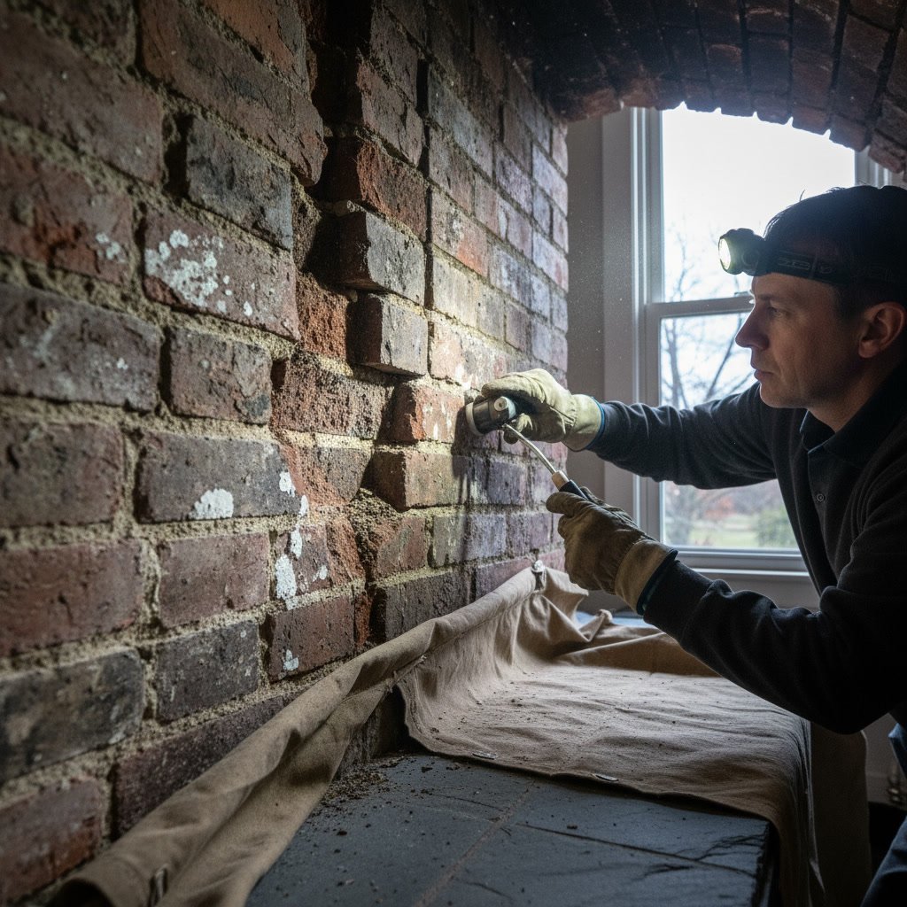 Homeowner inspecting chimney exterior for cracks and damage from ground level