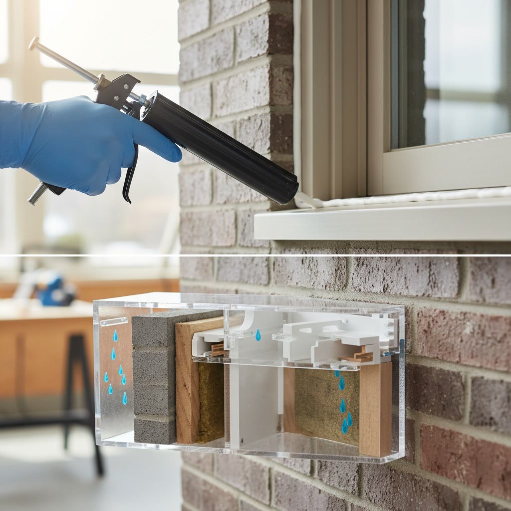 Exterior window caulking sealing gap between frame and brick