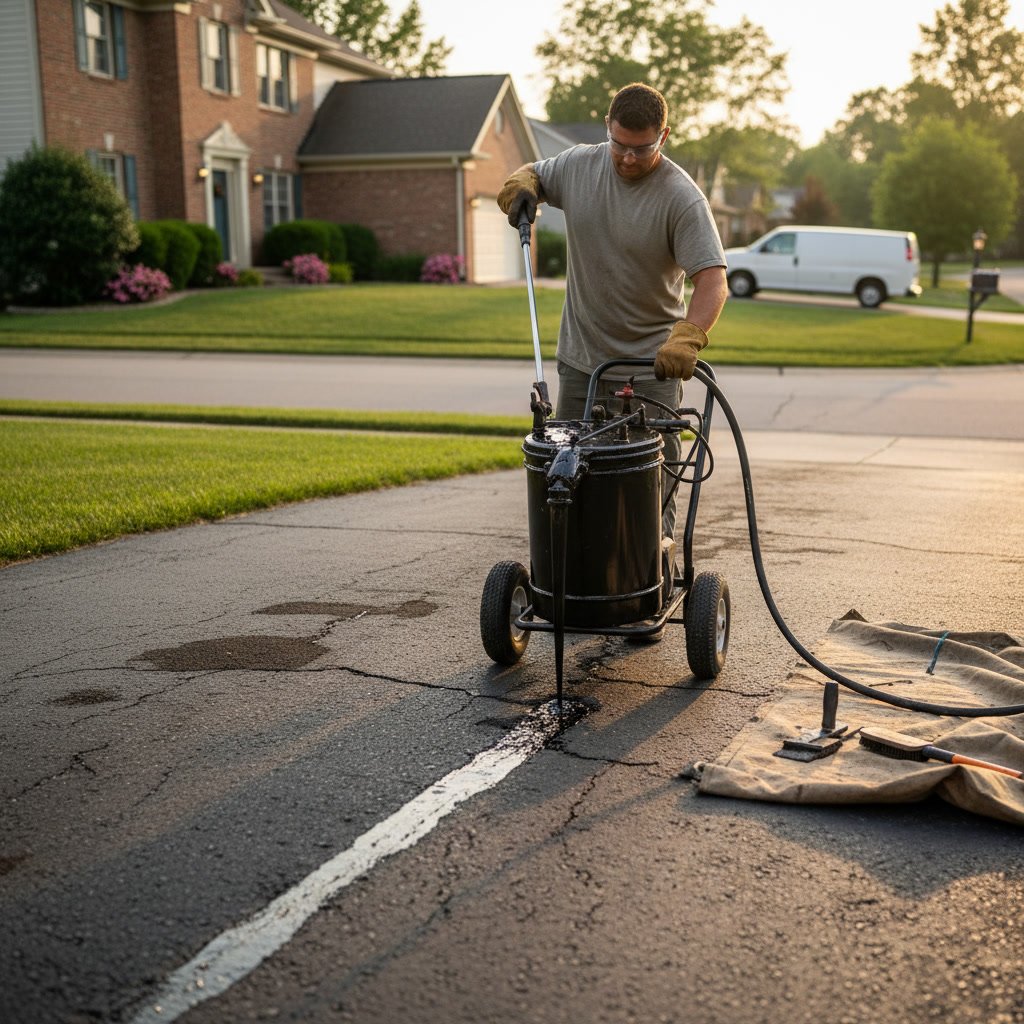 Close-up of technician filling driveway cracks with rubberized filler before sealing