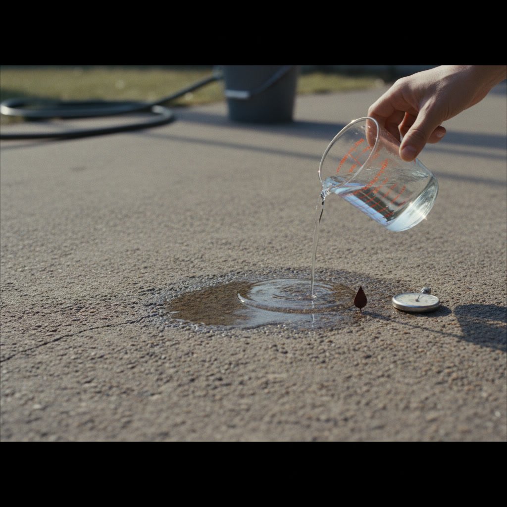 Close-up of concrete driveway surface showing water absorption and weathering damage