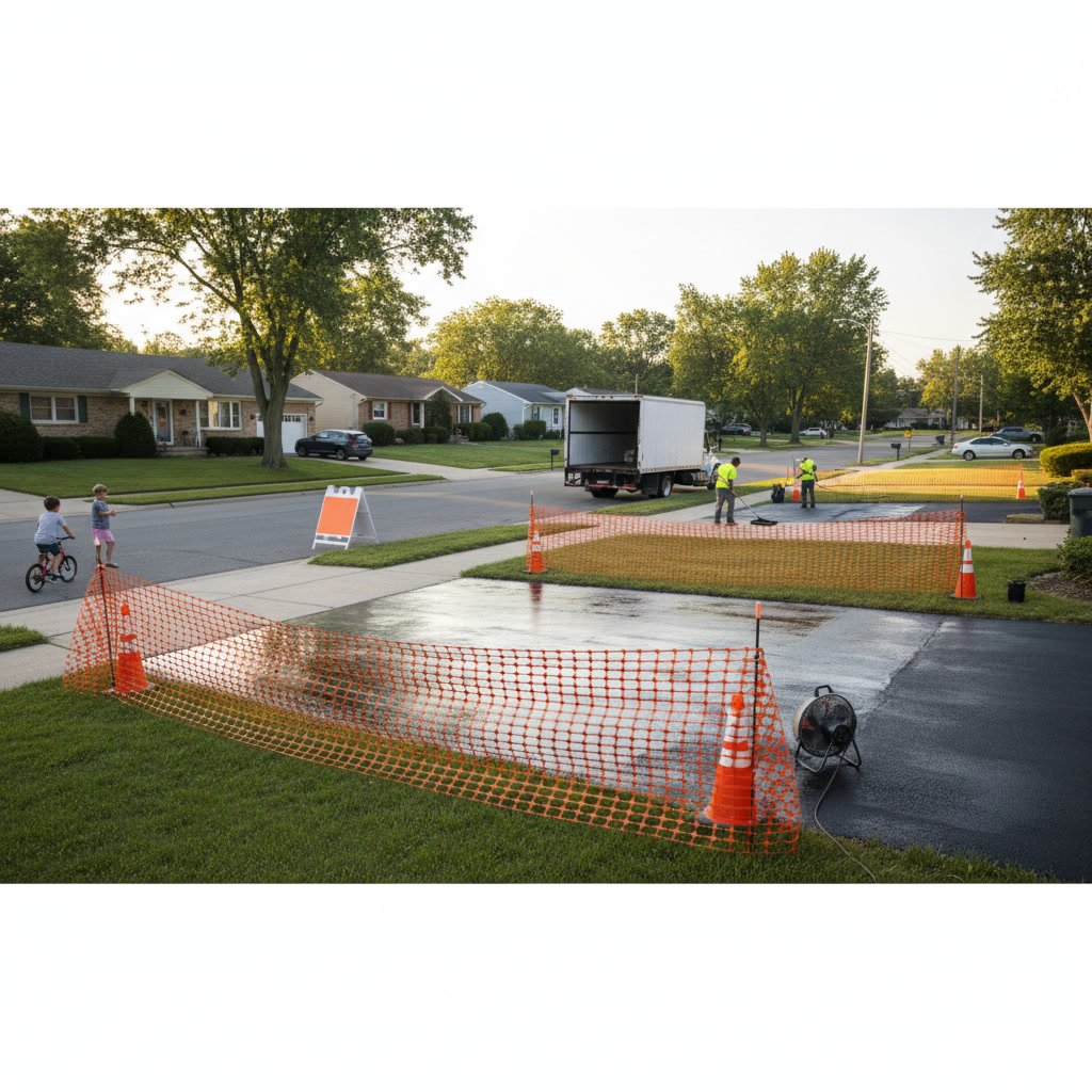 Newly sealed driveway with professional finish and traffic cones marking restricted access