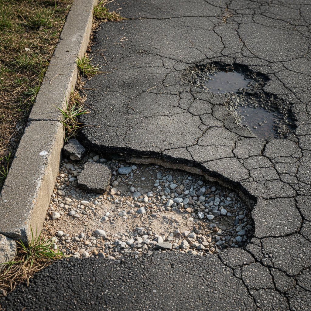 Driveway edge showing concrete deterioration and base exposure requiring repair