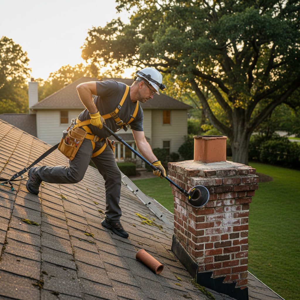 Professional chimney inspection showing damaged flue liner and deteriorated crown