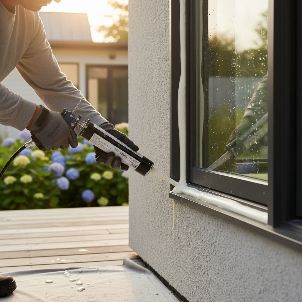 Professional applying exterior caulking to window frame