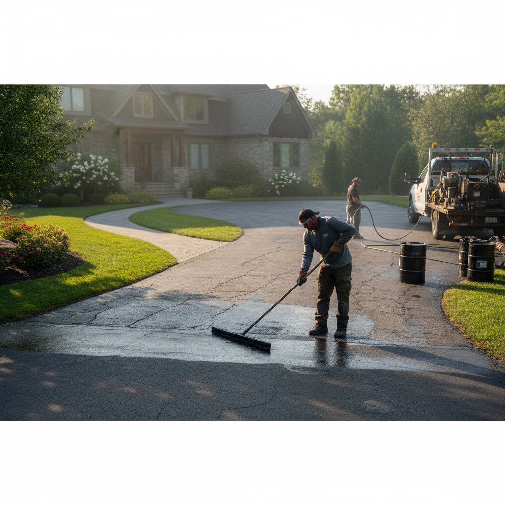 Professional driveway sealing service in progress showing clean prepared surface