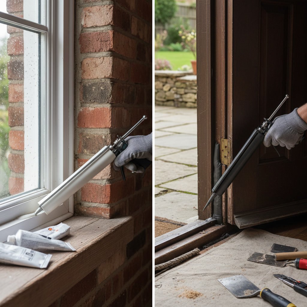 Professional applying caulk to window frame showing proper sealing technique
