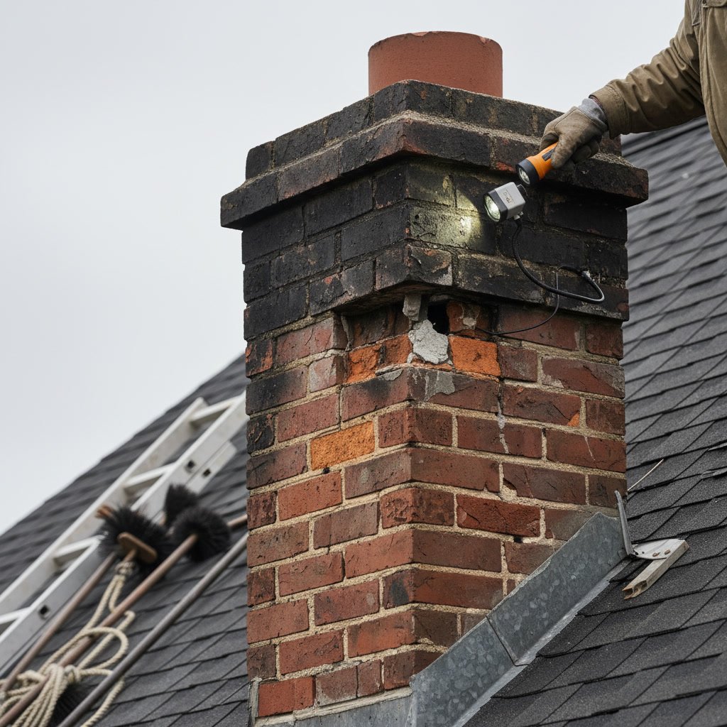 Damaged chimney with cracked mortar and deteriorating bricks visible from exterior