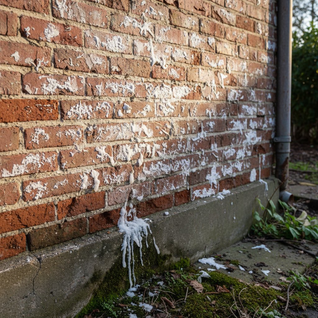 White efflorescence deposits on red brick wall showing moisture infiltration