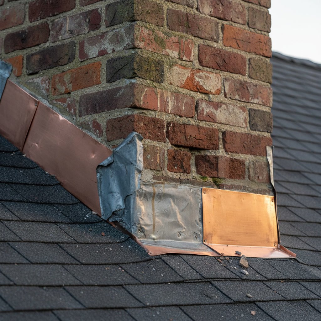 Chimney flashing installation showing base and counter flashing components