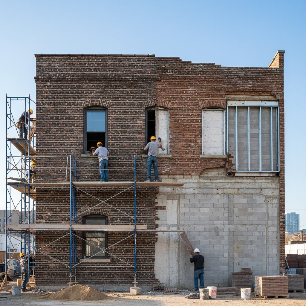 Brick veneer wall showing metal ties and drainage cavity during restoration