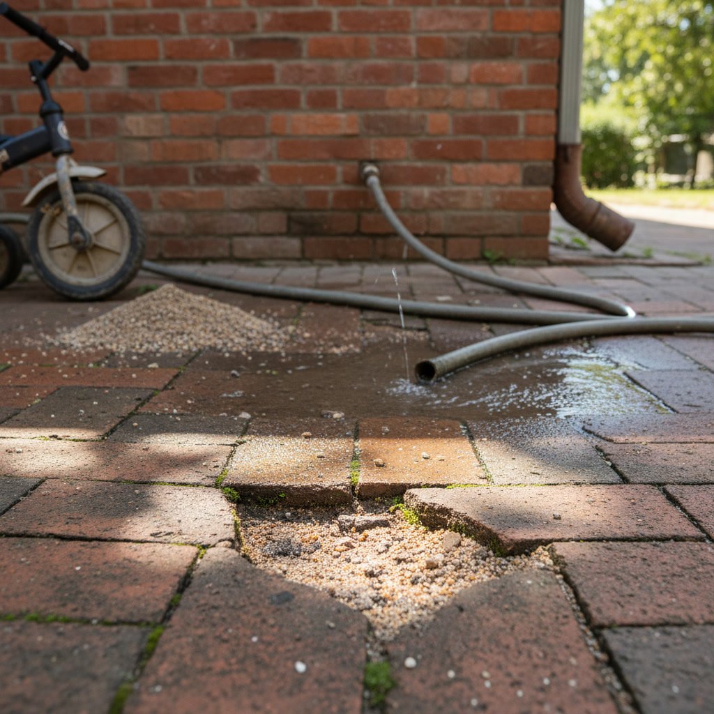 cracked mortar joints in brick walkway showing deterioration and missing sections