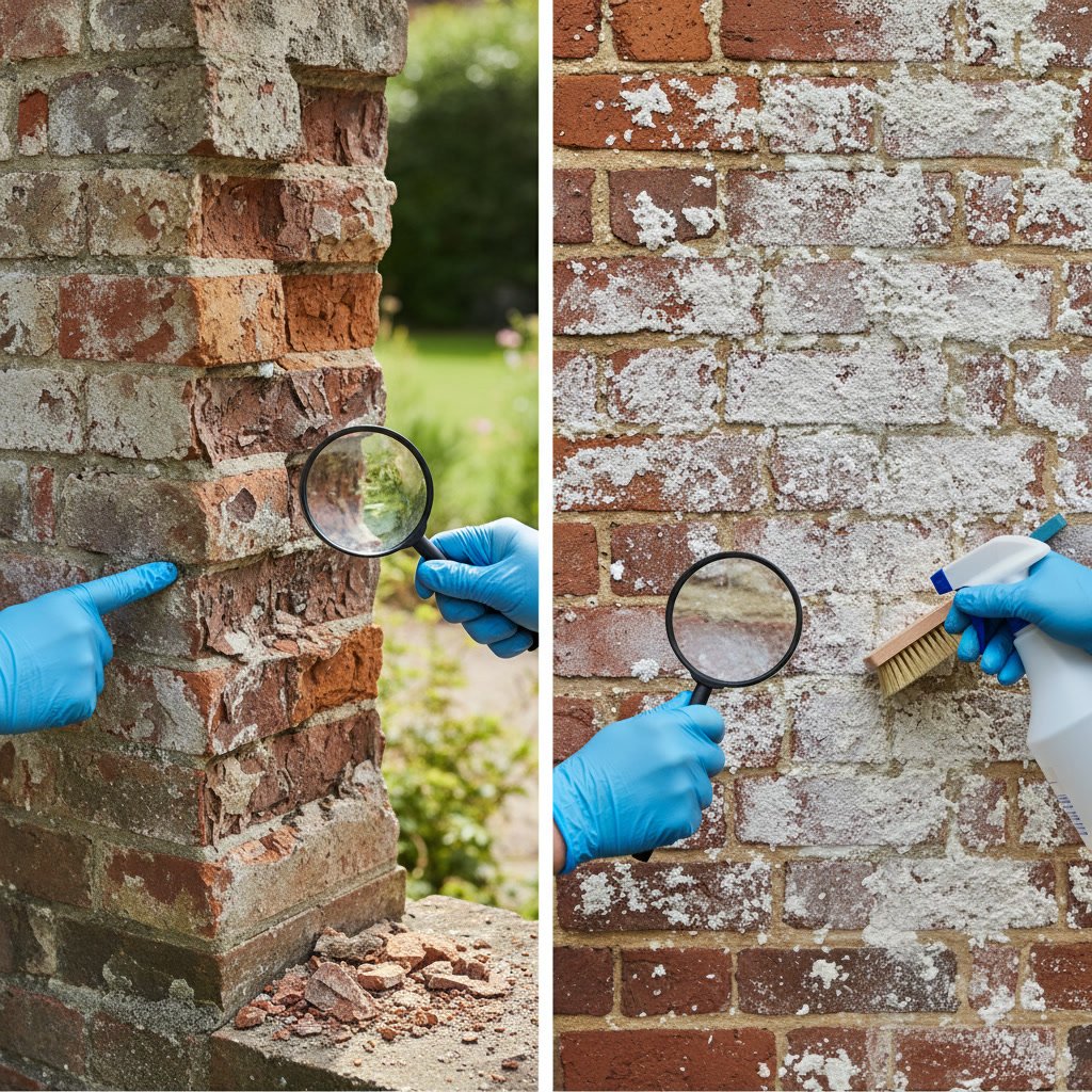 Brick spalling damage showing flaking and deterioration of brick surface layers