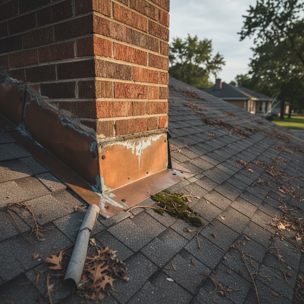 Failed chimney flashing with visible rust and deteriorated mortar joints