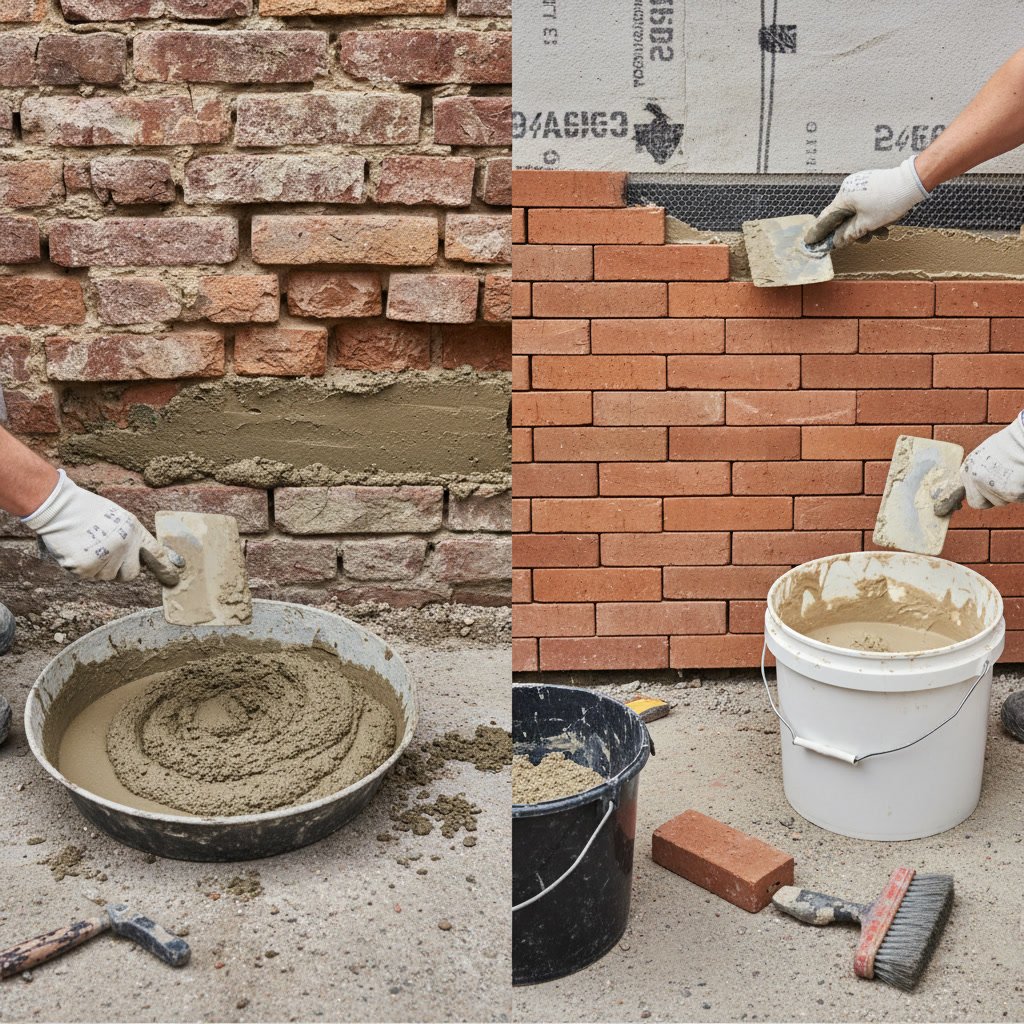 Mason applying period-appropriate mortar during solid brick wall restoration