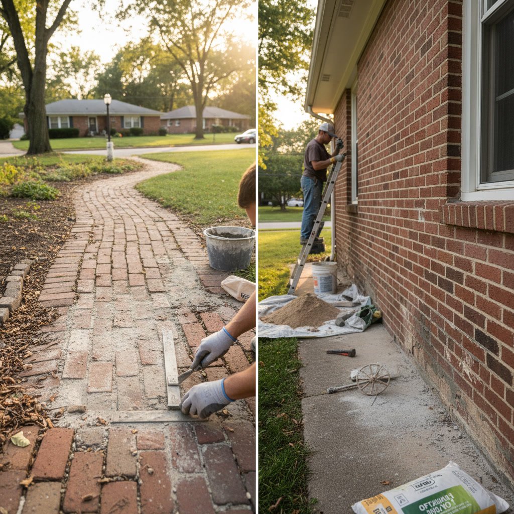 professional mason removing deteriorated mortar from brick walkway joints before repointing