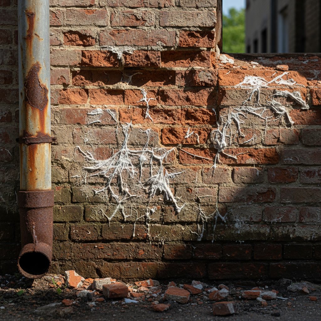 Professional mason inspecting brick wall for spalling and efflorescence damage