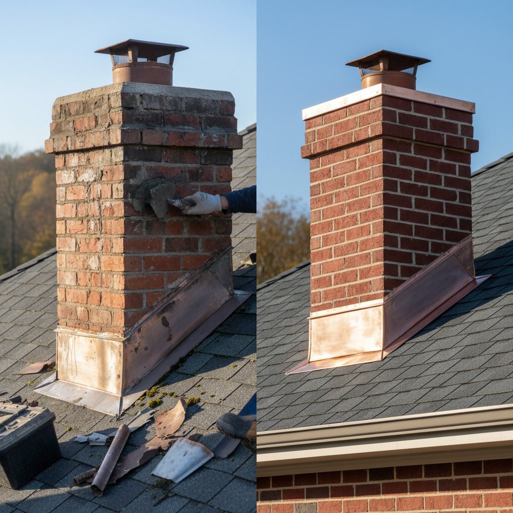 Professional chimney flashing repair showing proper counter flashing installation