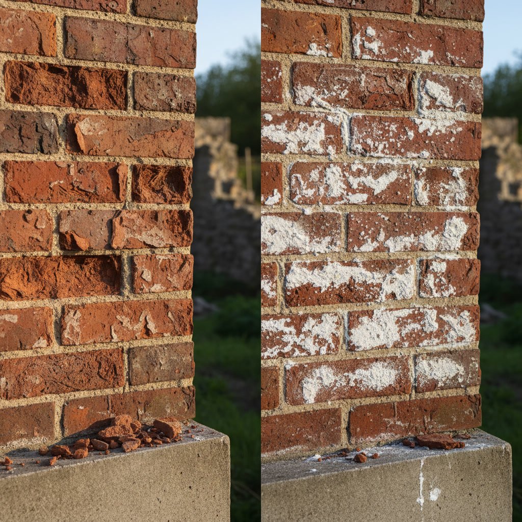 Close-up comparison of brick spalling and efflorescence damage on exterior masonry wall
