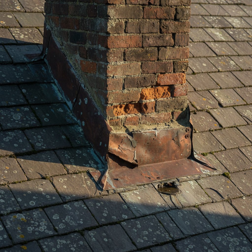 Masonry chimney with metal flashing installation at roofline junction