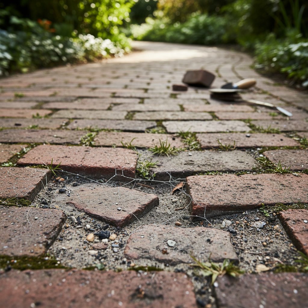brick walkway with deteriorating mortar joints showing cracks and gaps between pavers