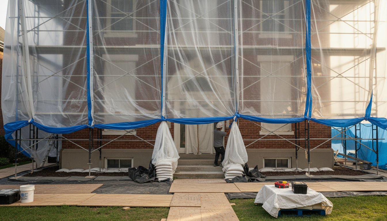 Mason setting up scaffolding and protective tarps before brick restoration begins