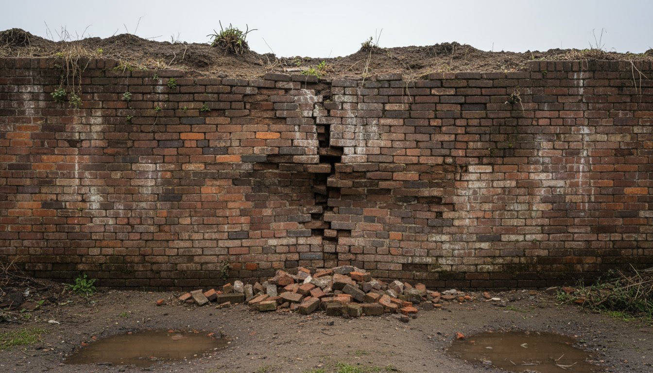 Brick retaining wall showing cracks and mortar deterioration before restoration