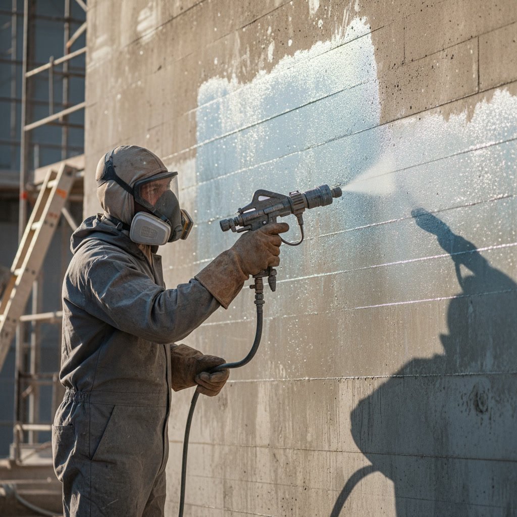 Professional contractor applying weatherproofing sealer to brick exterior wall with proper technique