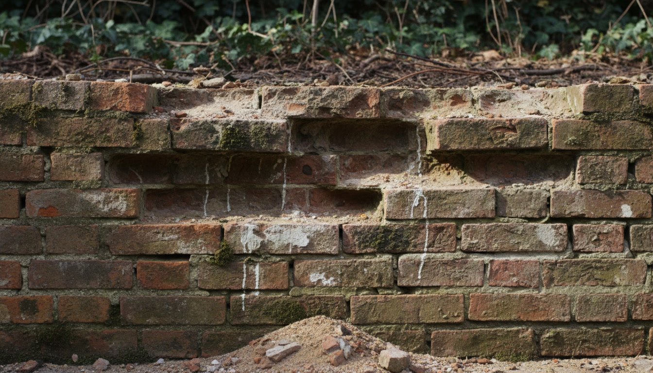 Deteriorating mortar joints in brick retaining wall requiring restoration