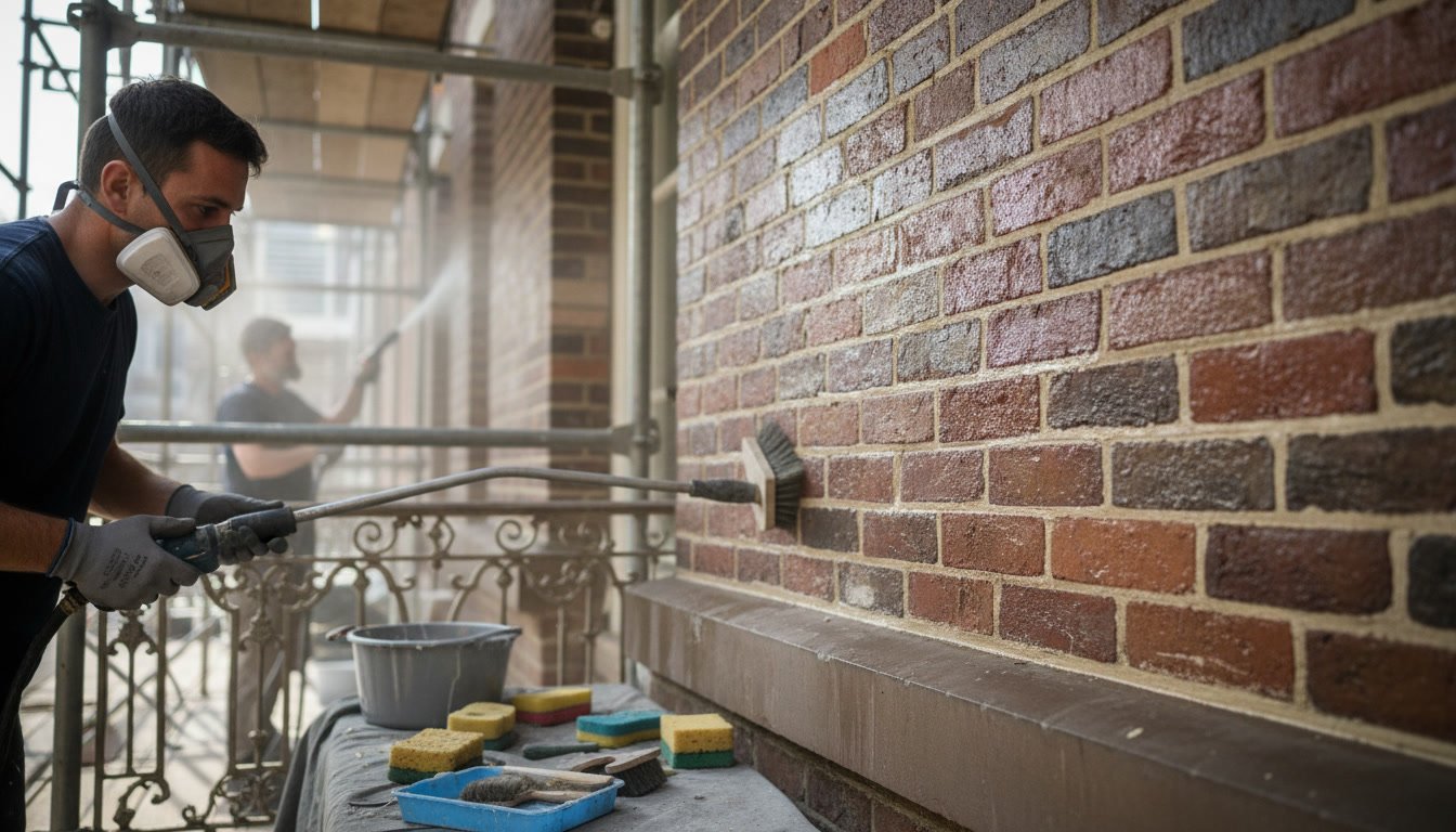 Professional cleaning of restored brick wall removing mortar residue