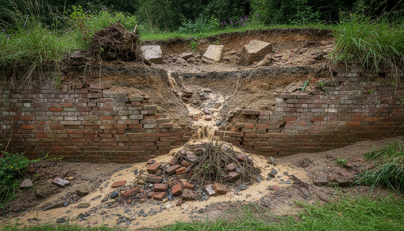 Brick retaining wall with visible structural damage and soil erosion