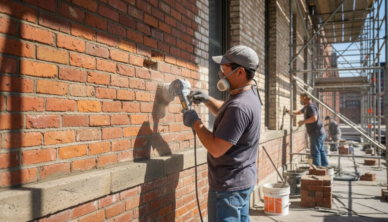 Professional mason performing brick restoration work on historic building facade
