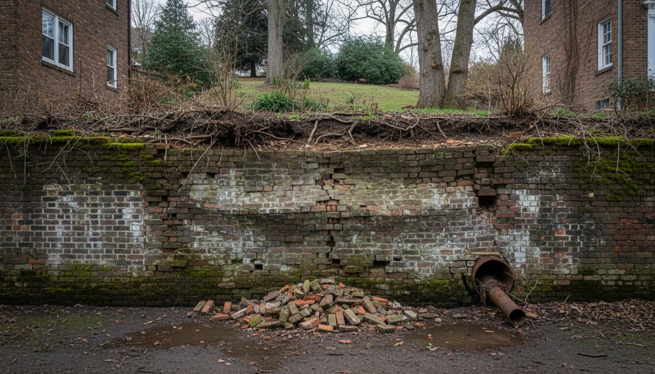 Damaged brick retaining wall showing warning signs of structural failure